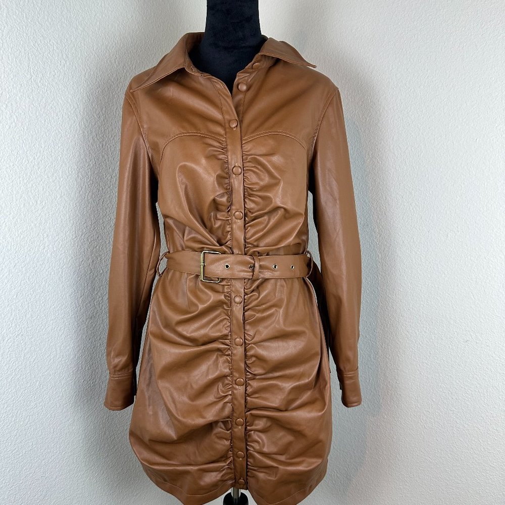 NWT Ruched Button Through PU Leather Dress Brown XL